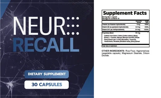 Flat NeuroRecall bottle label: front panel reading Dietary Supplement, 30 capsules, beside the Supplement Facts panel and other ingredients
